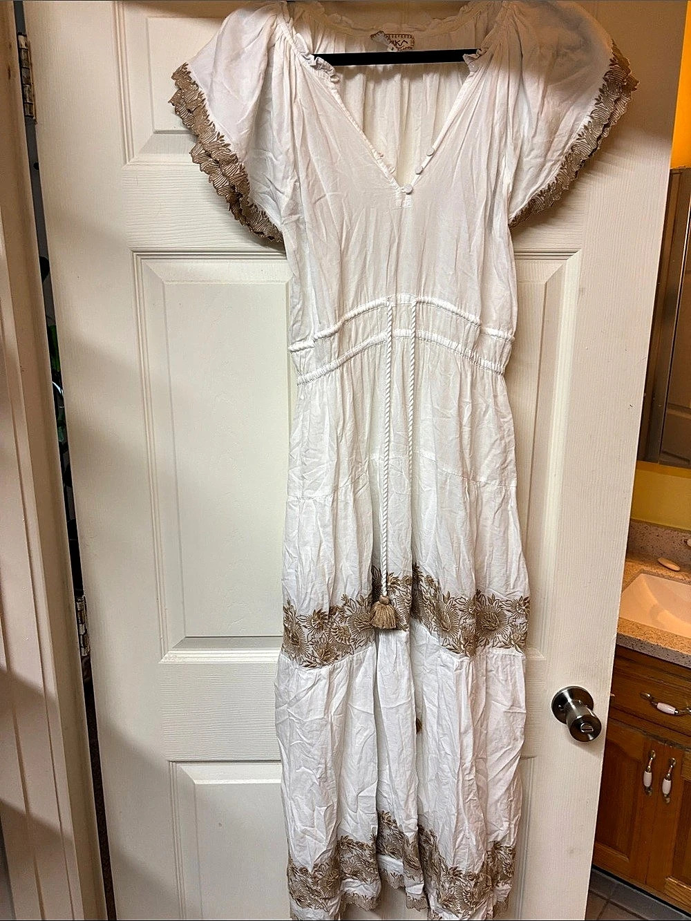 OMIKA Embroidered Maxi Dress in White & Brown Size Small Like New